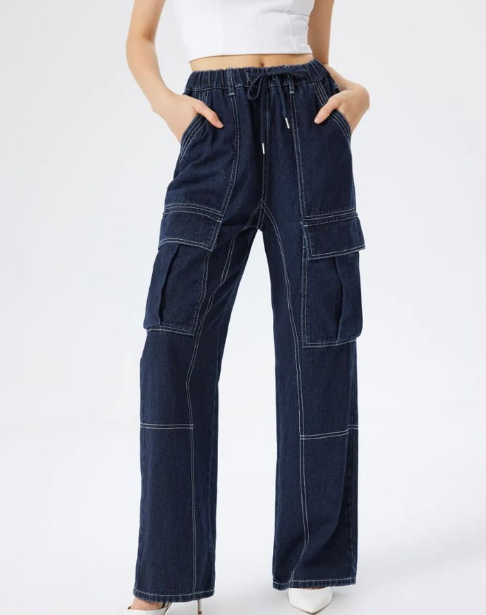 Denim Pocket Stitch Elastic Waist Cargo Jeans