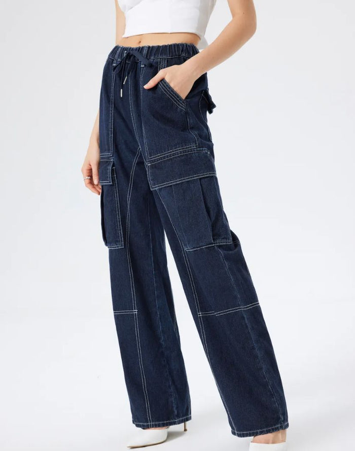 Denim Pocket Stitch Elastic Waist Cargo Jeans