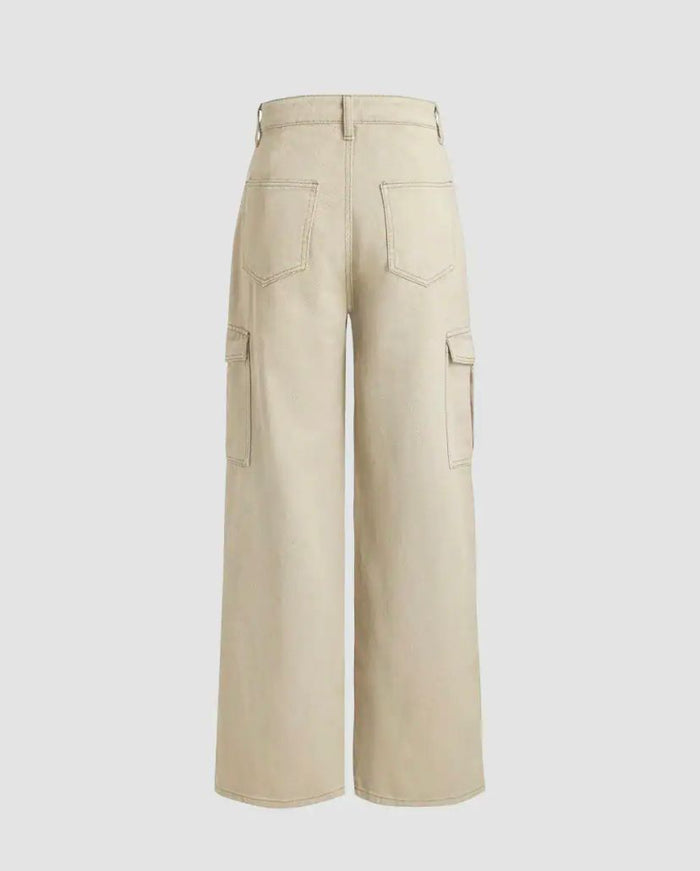 Solid Beige Cargo Jeans