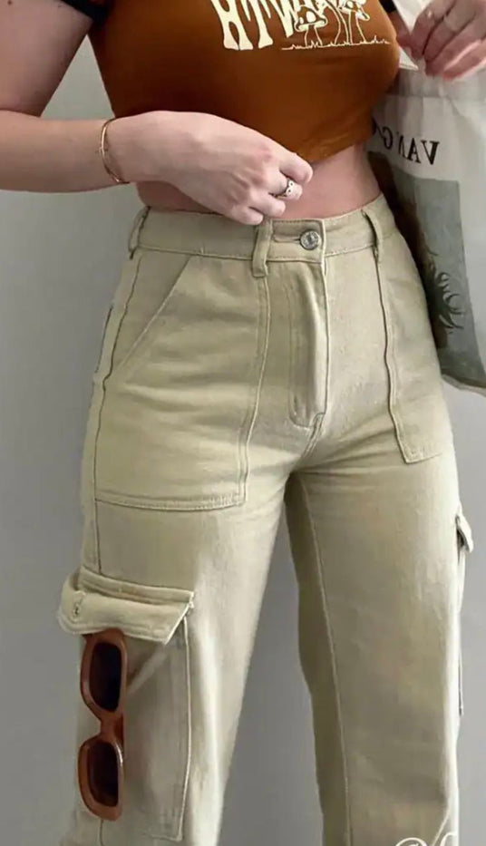 Solid Beige Cargo Jeans