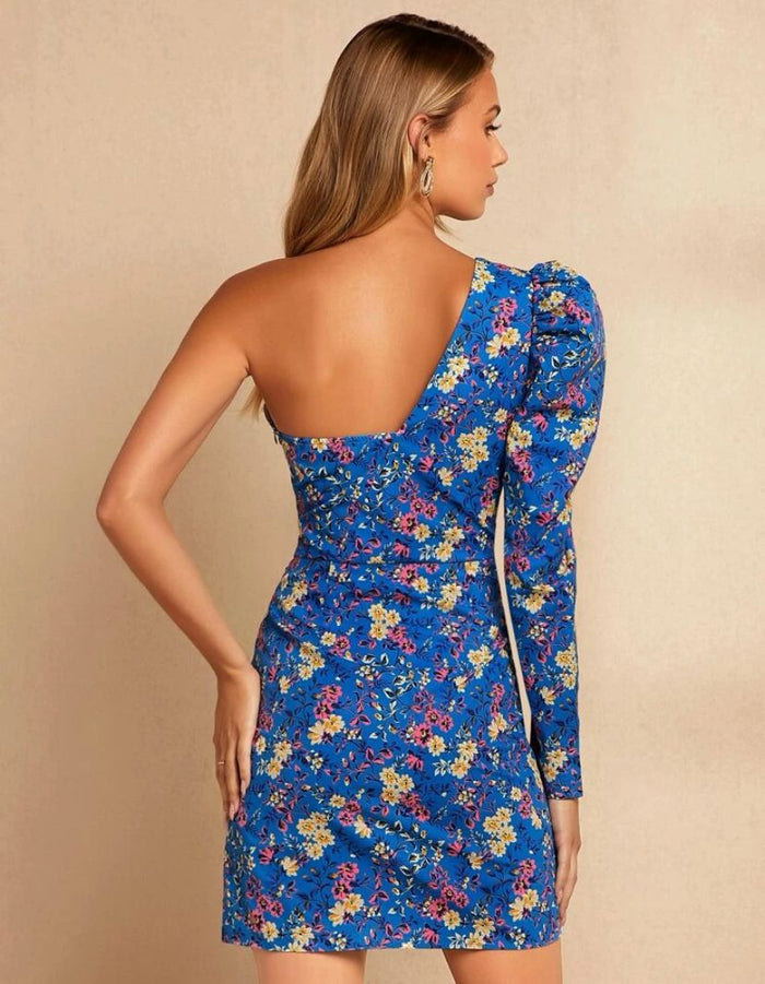 One Shoulder Floral Print Puff Sleeve Dress