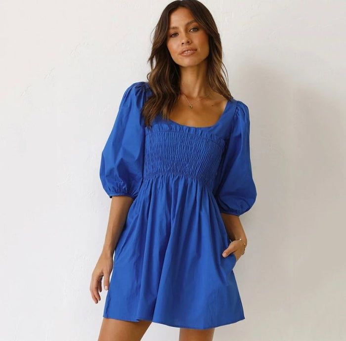 Sweet Short Sleeve Blue Dress