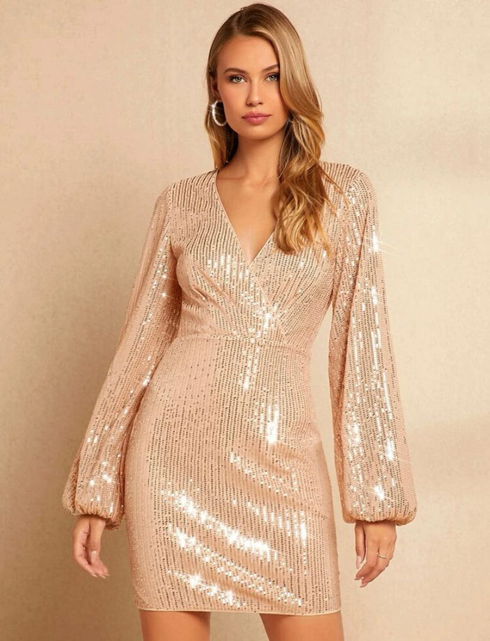 Surplice Neck Gold Sequin Dress