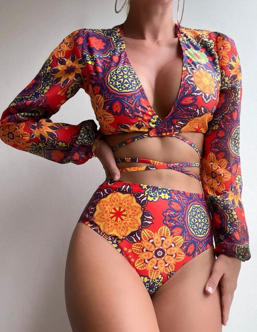 2 Piece Long Sleeves Criss Cross Top High waisted Bottom Swimwear