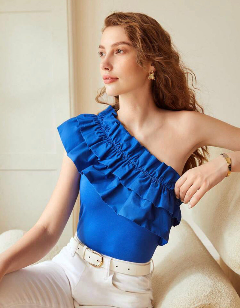 One Shoulder Blue Top